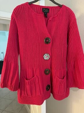 Pure Women's Pink 100% Cotton Knit Cardigan V-Neck 3/4 Sleeve Pockets M/L
